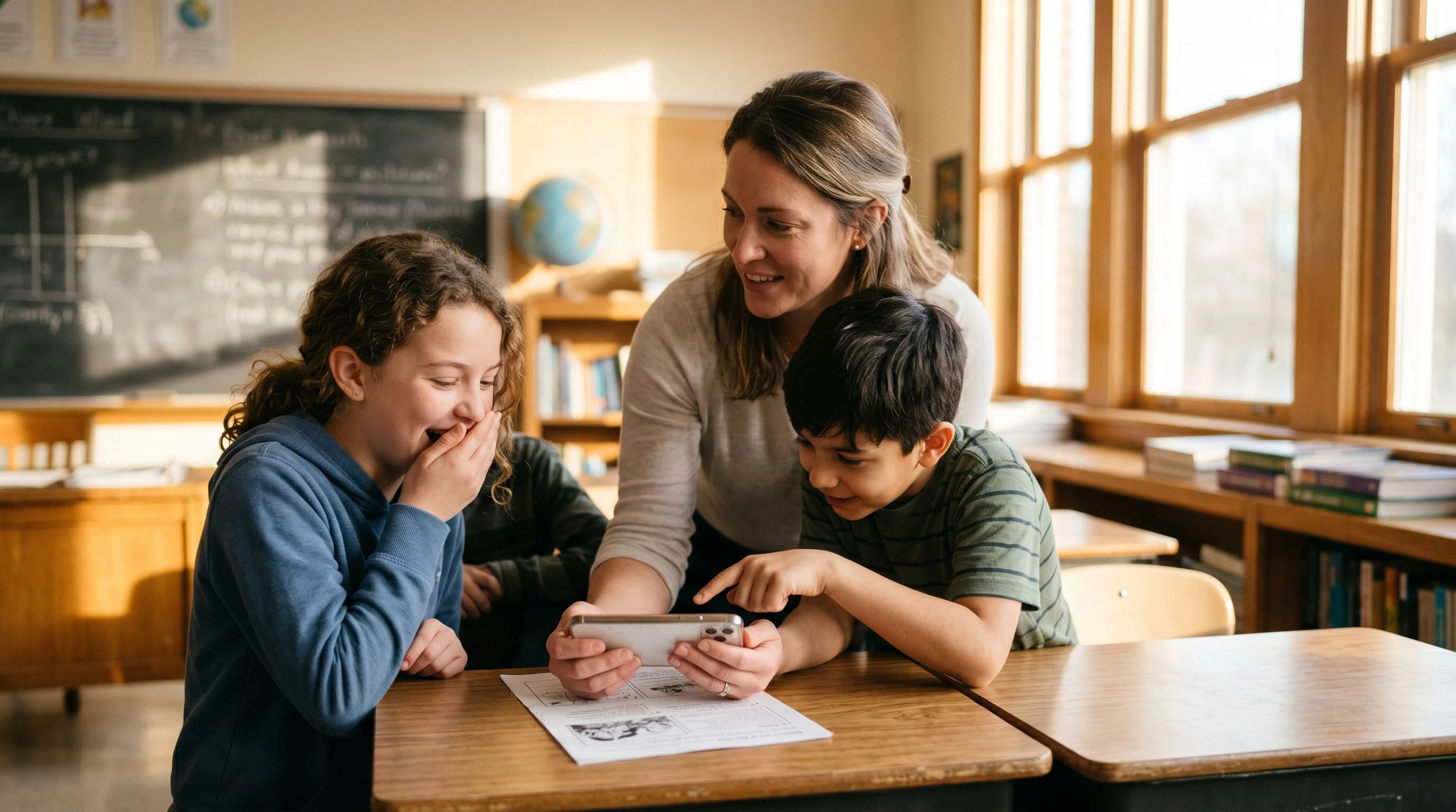 A teacher holds a phone over a printed worksheet while two students lean in with expressions of surprise and delight, warm natural classroom light