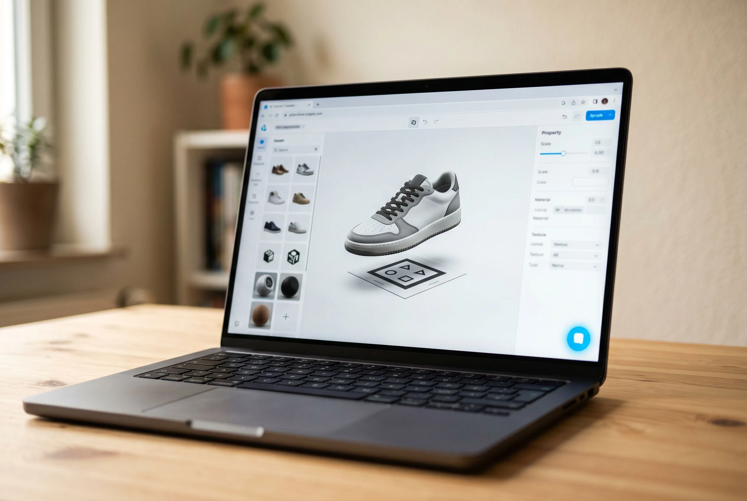 MyWebAR editor open mid-workflow showing a 3D sneaker being positioned above a printed image target, with the preview button highlighted