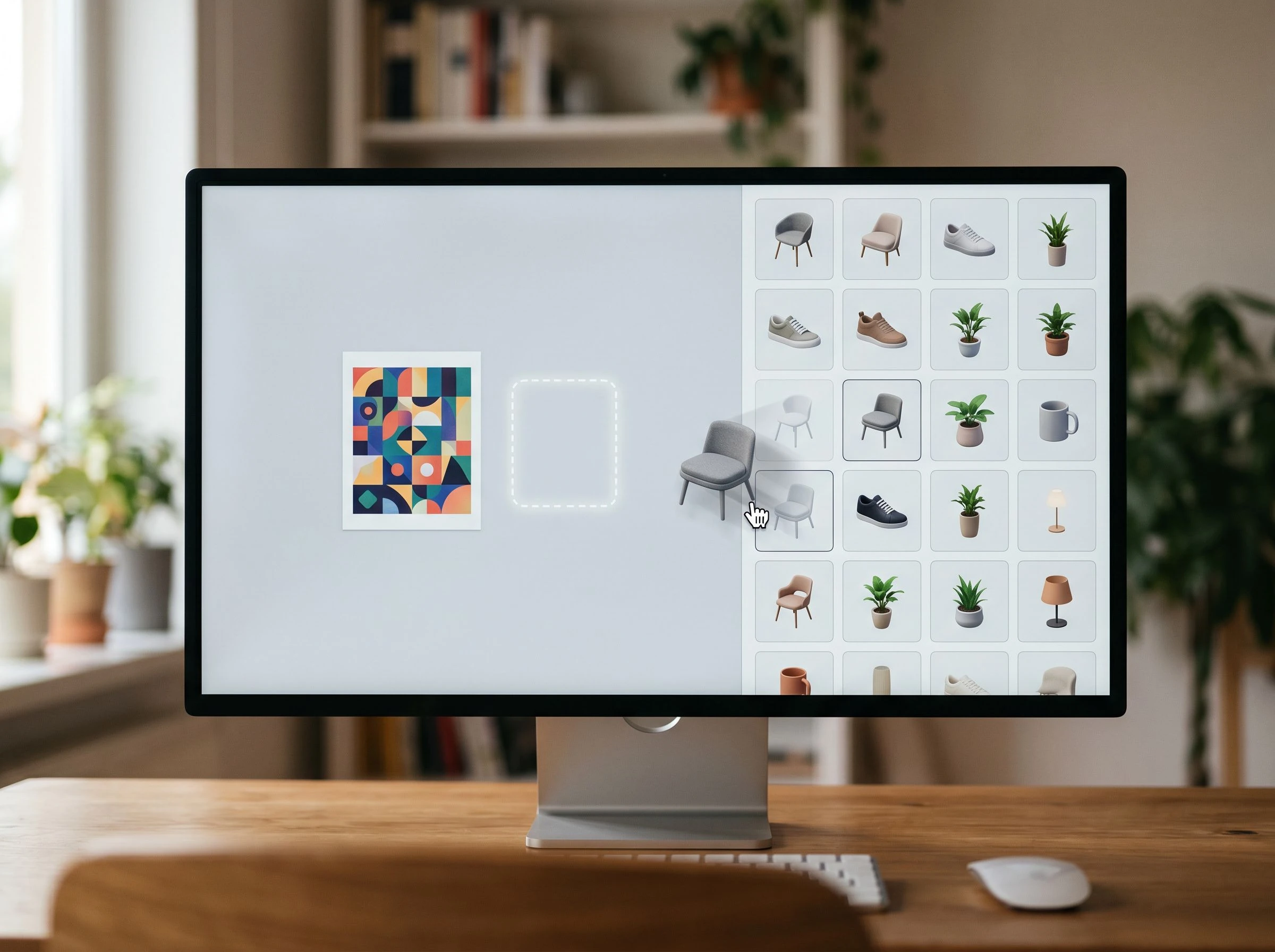 WebAR editor showing a 3D object tile being dragged from the asset library panel onto the live canvas