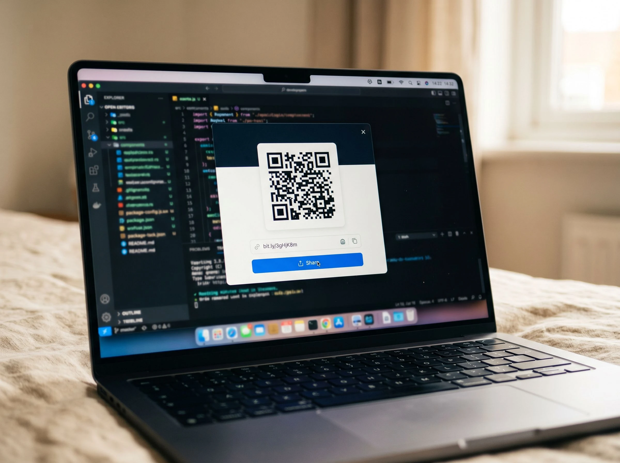 WebAR editor publish modal displaying a generated QR code and a shareable link ready to copy