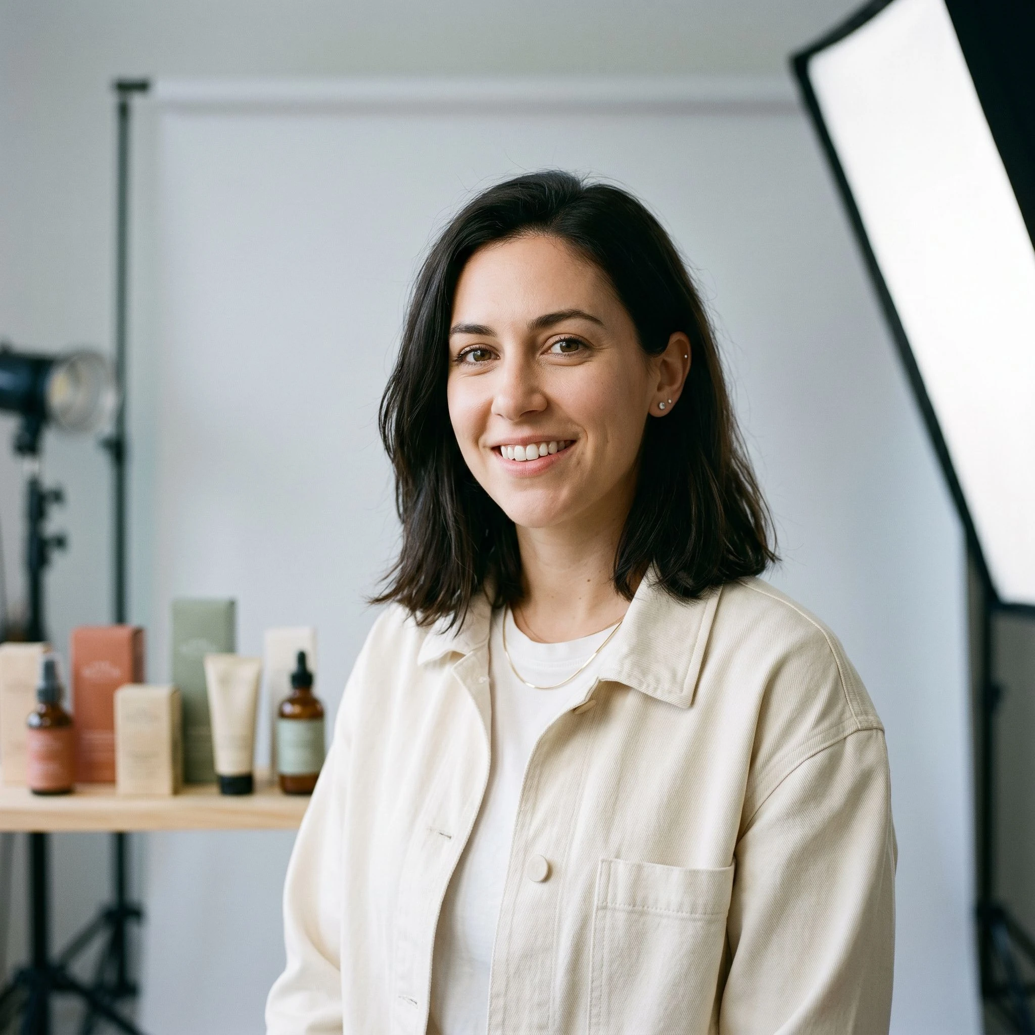 Portrait of a DTC brand manager or founder in a product studio environment, confident and direct