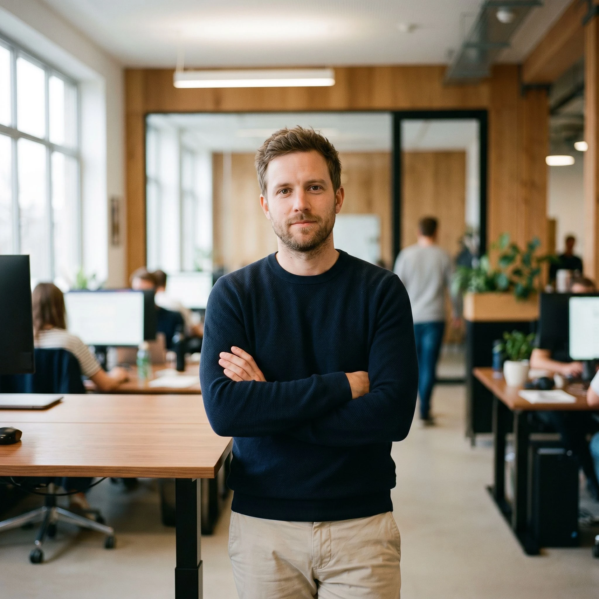 Portrait of an e-commerce marketing director in a modern open-plan office, relaxed and authoritative