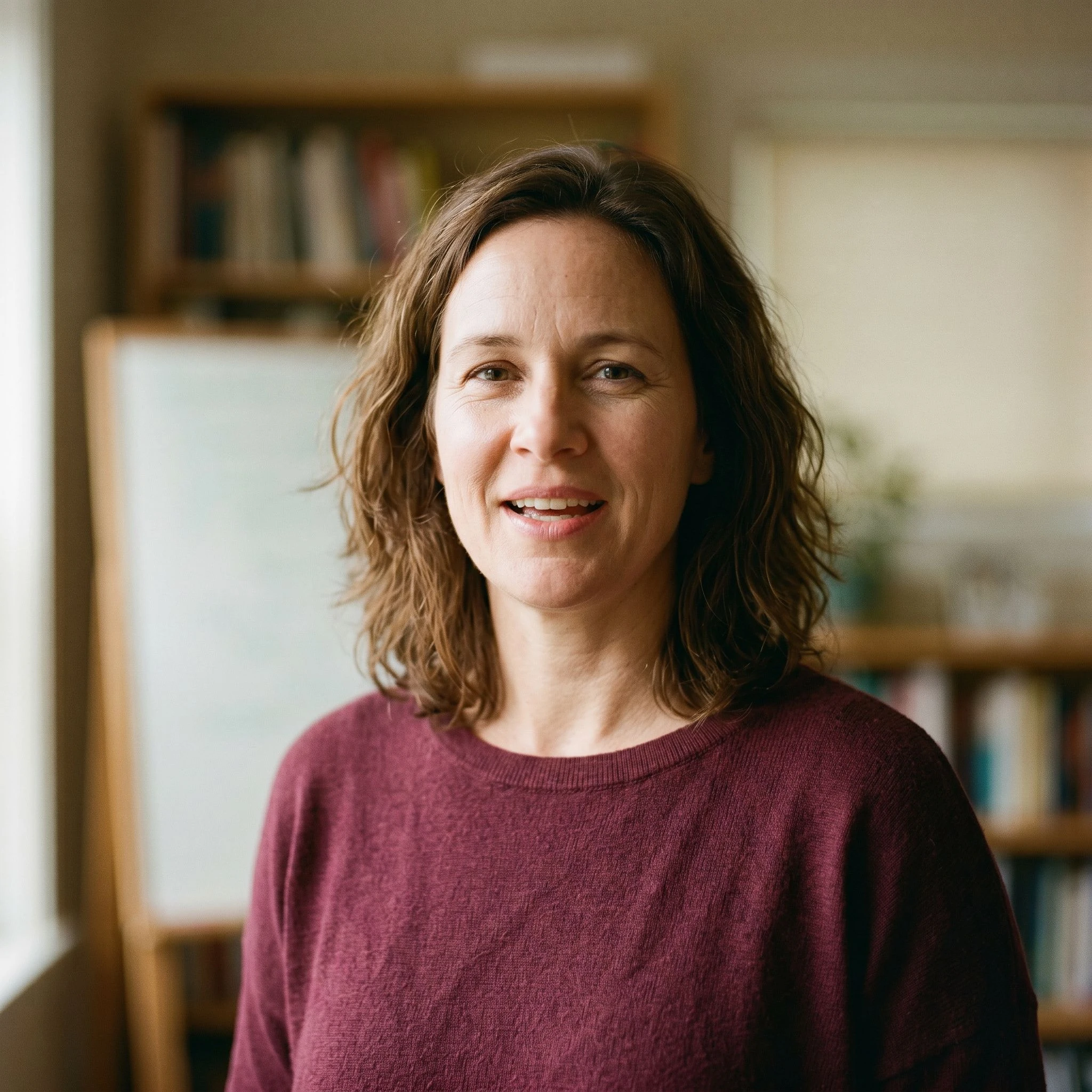 Portrait of a smiling K-12 teacher standing in a naturally lit classroom