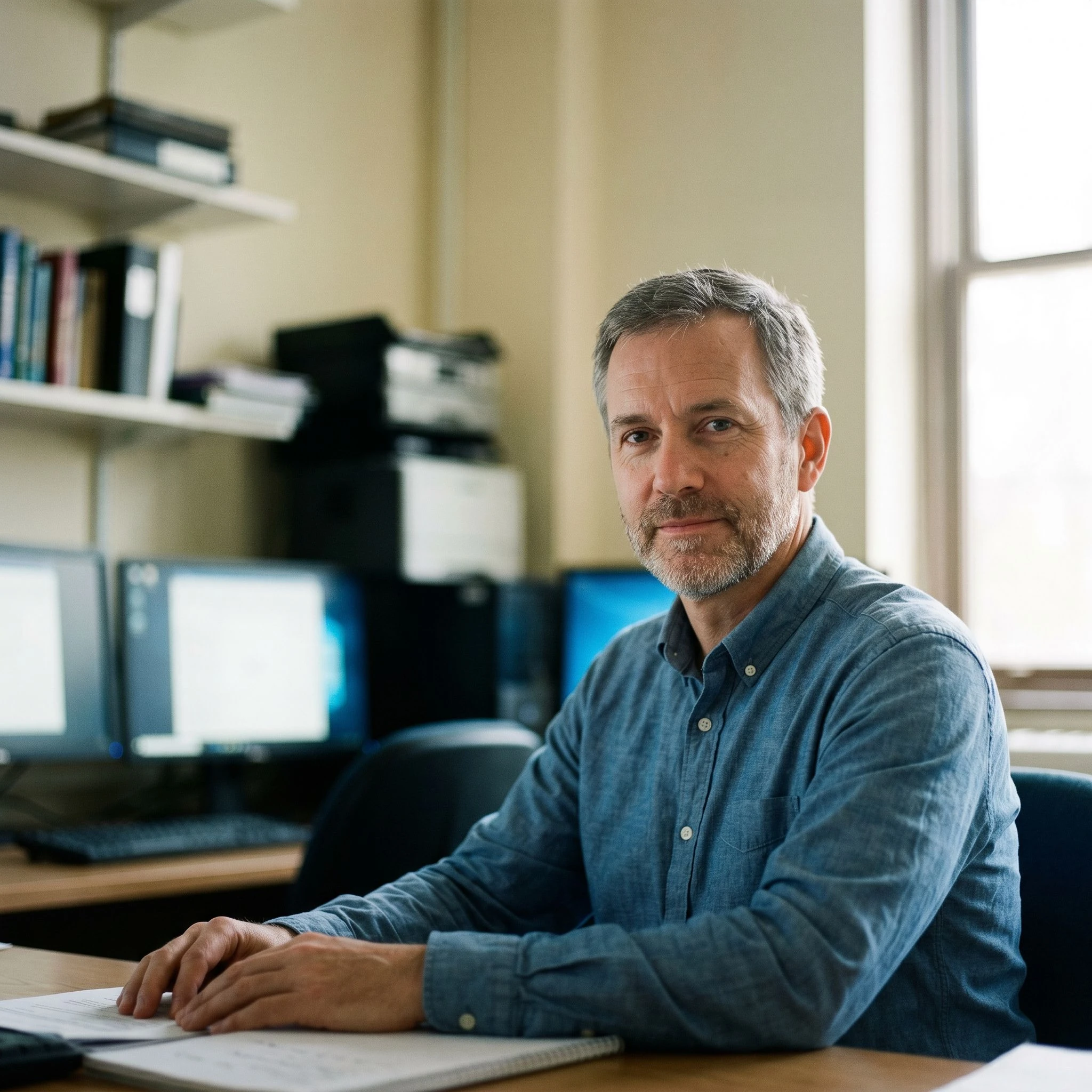 Portrait of a university instructor or educational technology coordinator in an office or lab environment
